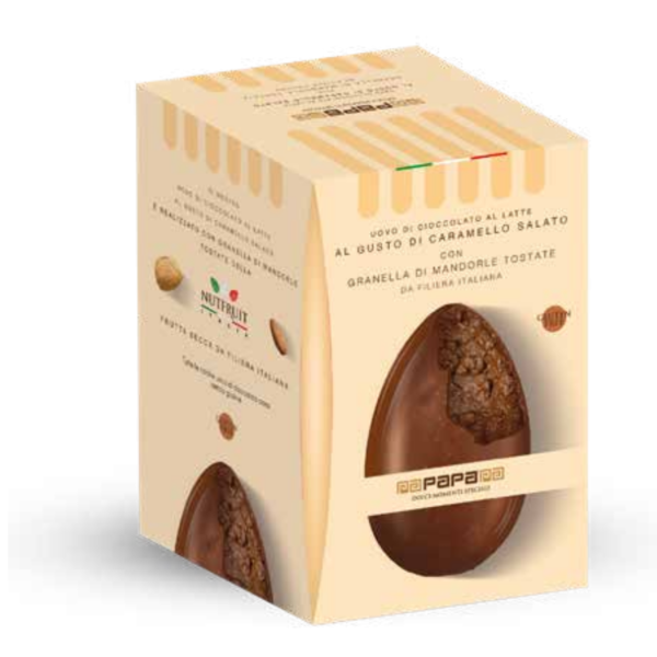 Uovo di Cioccolato al Latte al Gusto di Caramello Salato con Granella di Mandorle – 530 g
