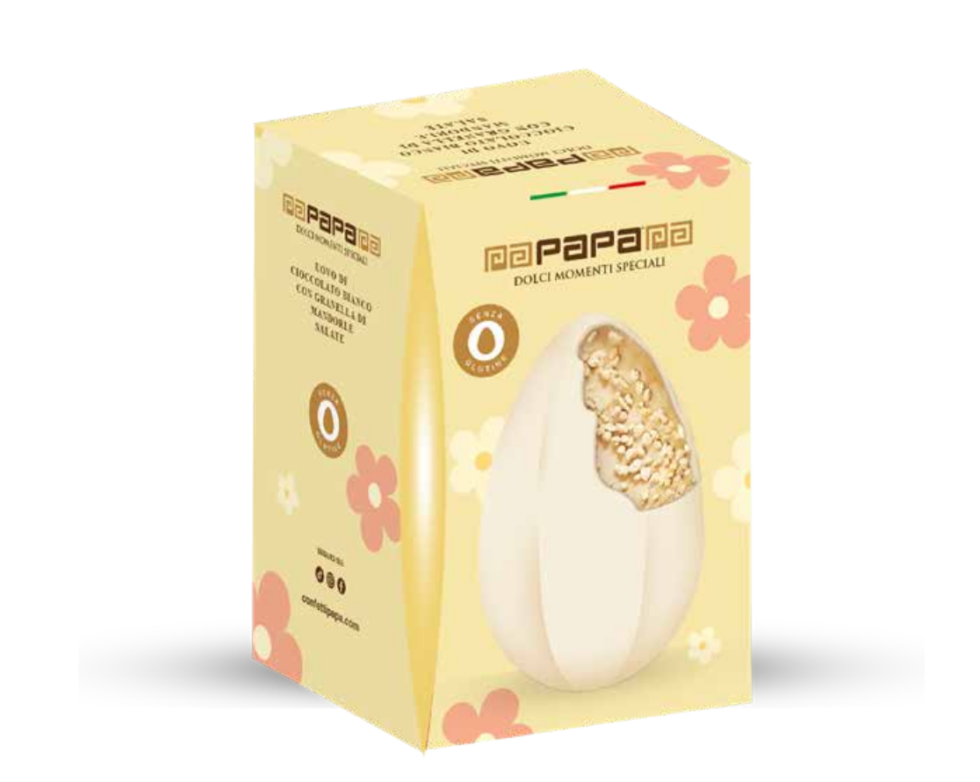 Uovo di Cioccolato Bianco Esagonale con Granella di Mandorle Salate