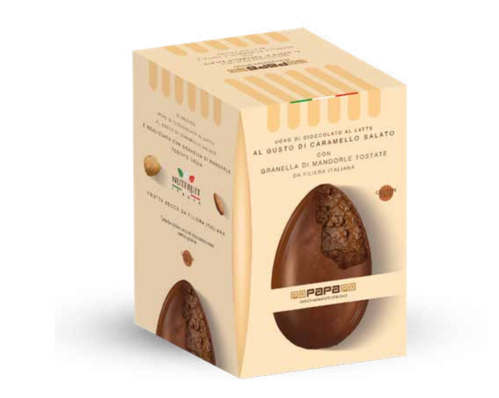 Uovo di Cioccolato al Latte al Gusto di Caramello Salato con Granella di Mandorle – 530 g
